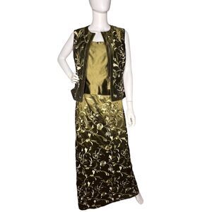 Carlisle Sz 8 Skirt 10 Top 3 Piece Silk Maxi Skirt Set Olive Green Embroidered